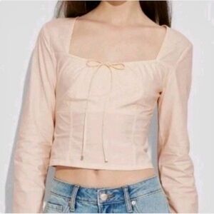 Wild Fable NWT Light Pink Long-Sleeved Square Neck Crop Top Blouse Tie Detail XL
